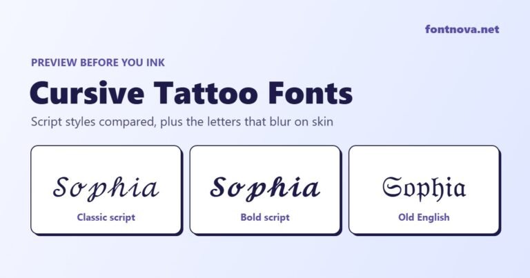 Cursive tattoo fonts: the name Sophia shown in classic script, bold script and Old English lettering
