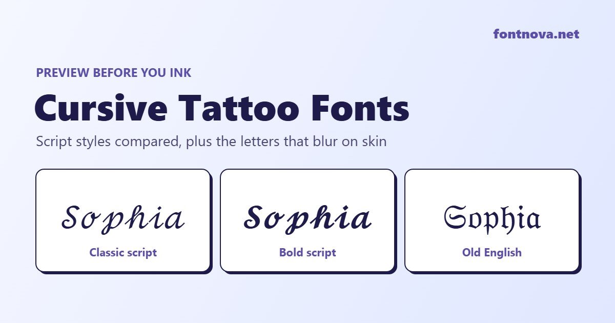 Cursive tattoo fonts: the name Sophia shown in classic script, bold script and Old English lettering