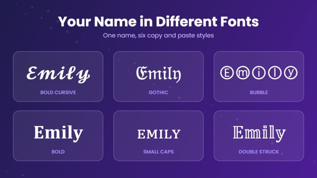 Name in different fonts: the name Emily written in bold cursive, gothic, bubble, bold, small caps and double struck styles