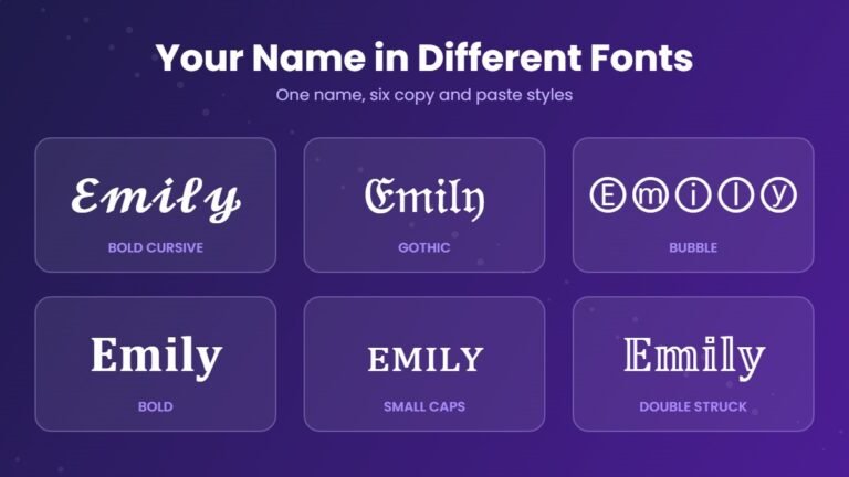 Name in different fonts: the name Emily written in bold cursive, gothic, bubble, bold, small caps and double struck styles