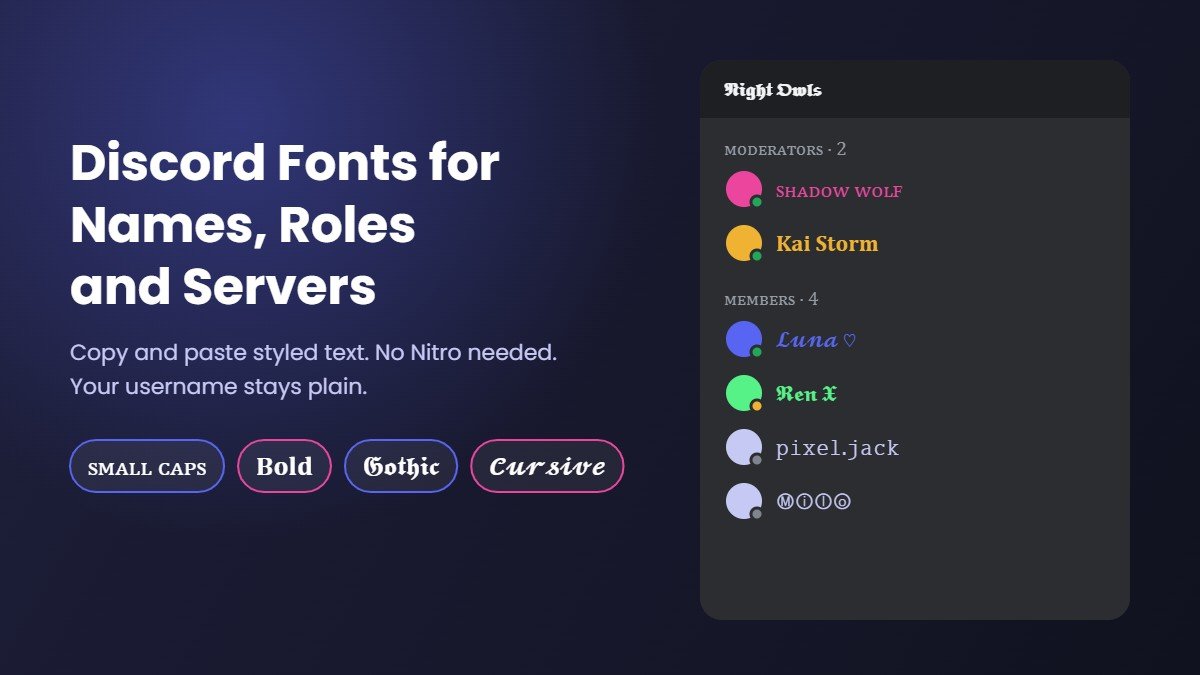 Discord fonts example: a server member list with display names and roles written in small caps, bold, cursive and gothic fonts