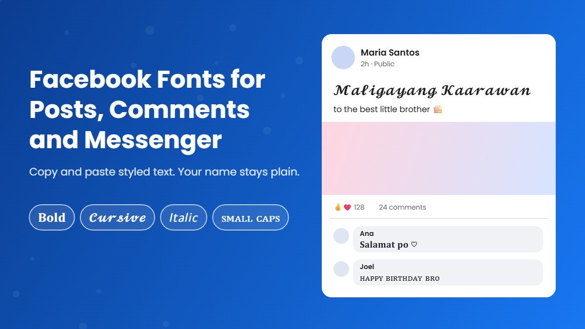 Facebook font example: a Facebook style post and comment written in bold, cursive and small caps fonts