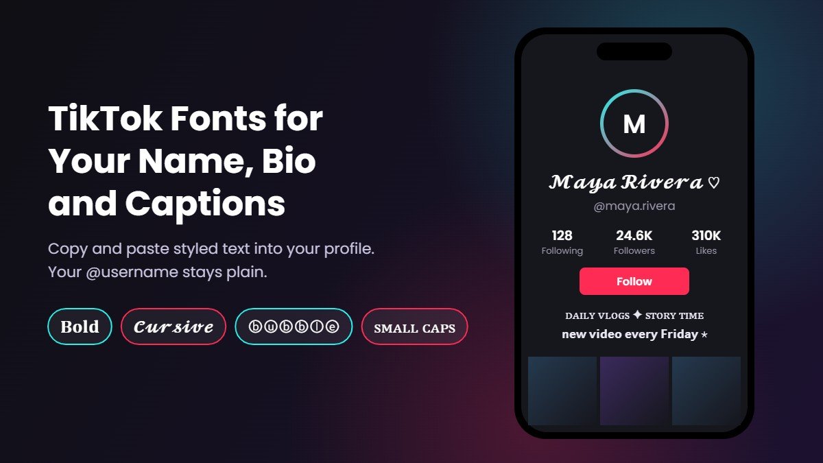TikTok font example: a profile with a cursive name, a plain @username and a bio written in small caps and bold fonts